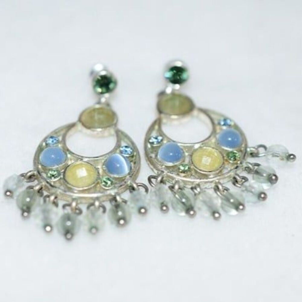 Art Deco Victorian Blue Moonstone Blue/Green Glass Stone/Rhinestones Earrings